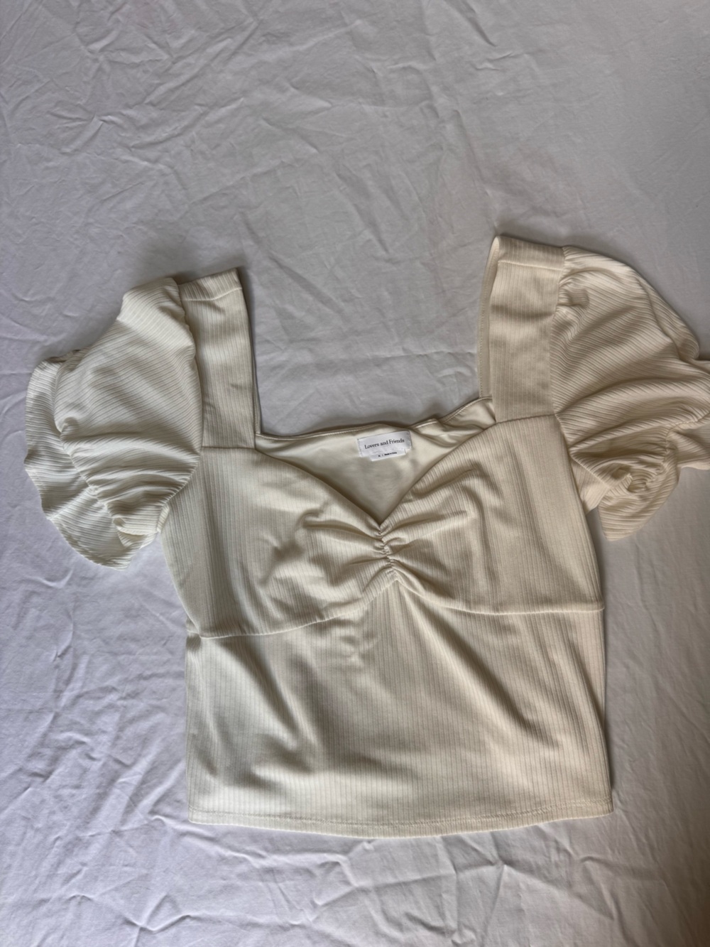 Lovers + Friends Cream Ribbed Puff-Sleeve Square Neck Top